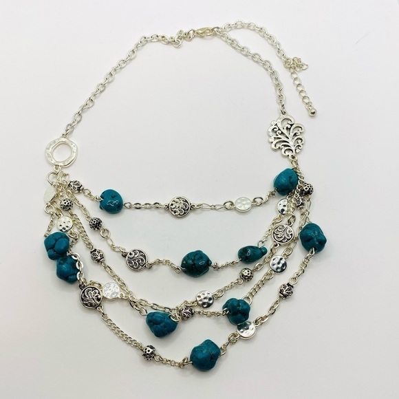 Necklace Faux Green Turquoise Nuggets Silver Tone 18”+2” Multi Strands - Picture 1 of 4